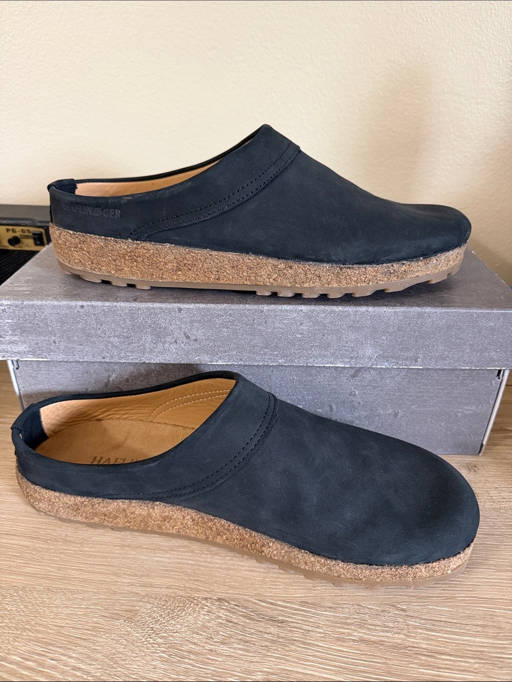 Haflinger Black Nubuck Slip-On Clog with Cork Sole